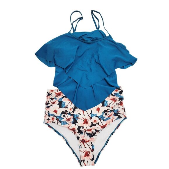 Blue Ruffle Tankini Top Swimsuit & Floral High-Waisted Bikini Bottoms Size XXL - Picture 1 of 7